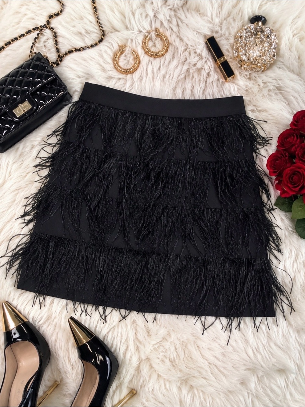 Black Feather Tiered Mini Skirt